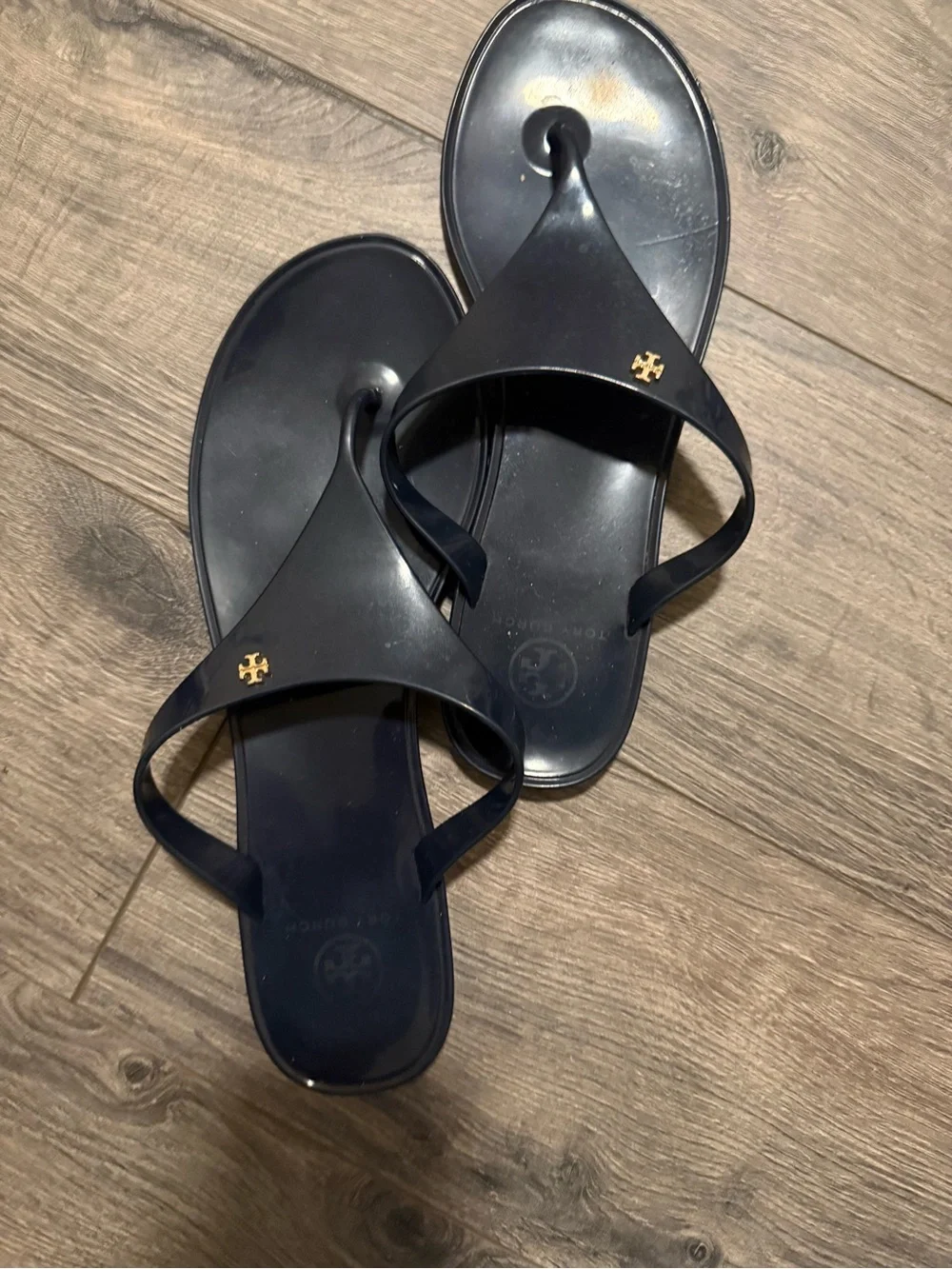 Tory Burch Navy Jelly Logo Thong Sandals with Gold Emblem